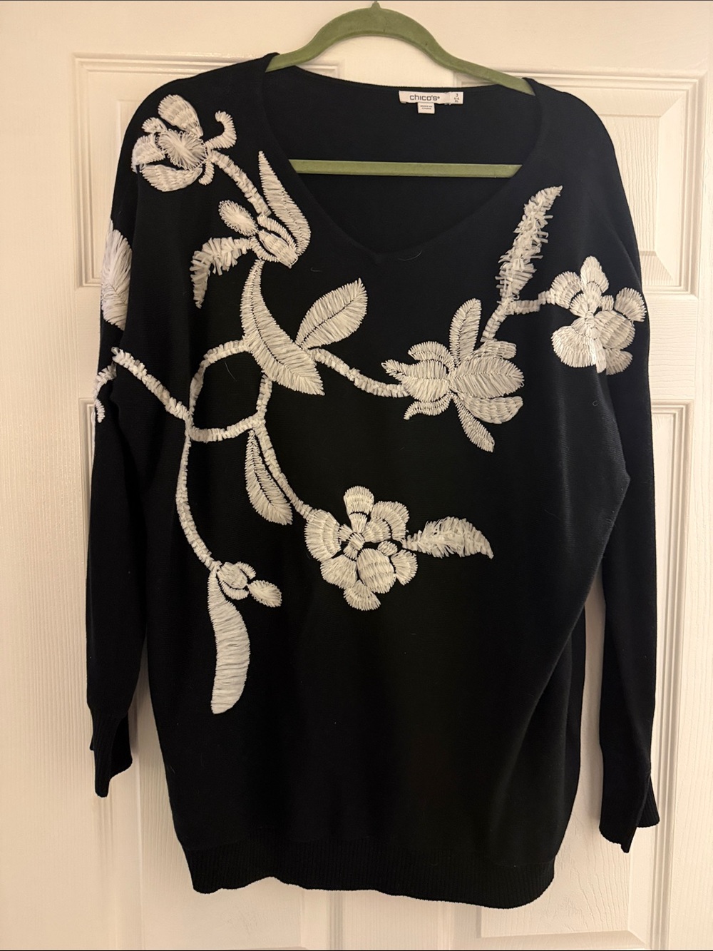 Chico's Black V-Neck Sweater with White Floral Embroidery